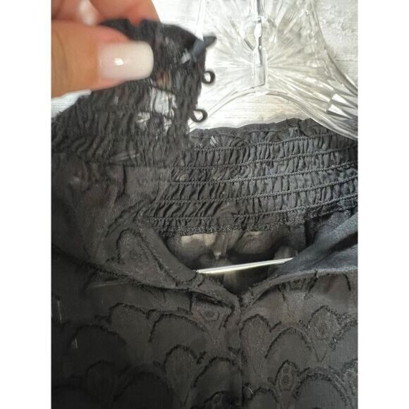 Black Textured Long-Sleeve Smocked Waist Top With Lace Details & Ruffled Necklin - Picture 8 of 8